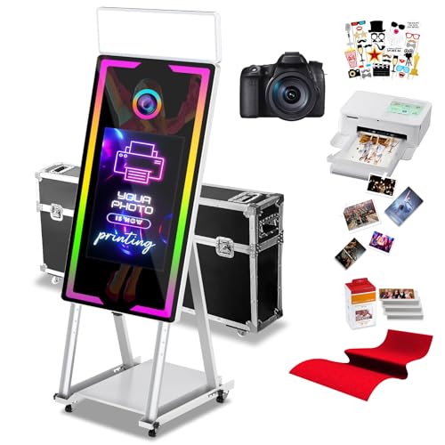Mirror Photo Booth with Printer and Camera,40-22' Interactive DSLR Photo Booth with Flight Case,Instant Print and Share,Touch-Start,Square Fill Light RGB Light Professional Photography for Parties