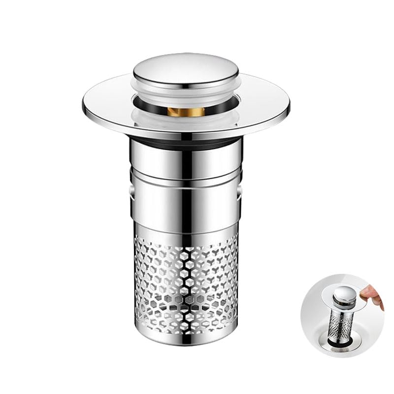 Sink Plug Replacement, Brass Universal Pop Up Drain Stopper with Bounce Core, Bath Basin Plug Filter with Basket Hair Catcher for Bathtub, Kitchen, Basin for (32-40mm) (silver1)
