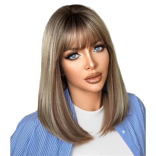 Perruque de cheveux clavicule femme frange soignée courts ondulés brun moyen