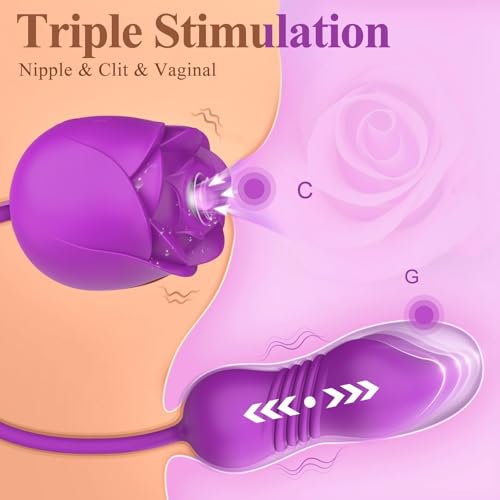 Image of Rose Sucking Vibrator with Thrusting Plug, 9 Suction & Thrust Modes, Clitoral Nipple Sucker, Couple Adult Sex Toys & Games, Silicone Vibrating Dldo