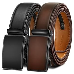 KEMISANT Men Belt 2 Pack, Leather Ratchet Belt Easy Click Slide For Men 1 3/8″,Cut for Fit