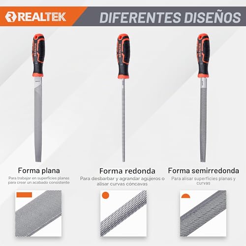 Miniatura 3 de Realtek Juego De Limas Para Metal 3 Piezas, 200mm, Acero De Alto Carbono T12, Incluye Lima Plana, Lima Semirredondas, Lima Redonda, Para Limar Curvas Y Líneas Rectas En Metal