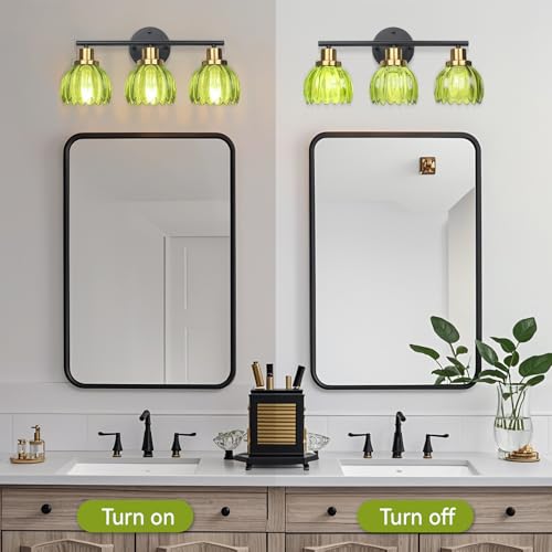 Image of Ldeco 3 Light Bathroom Vanity Light Fixtures Vintage Wall Sconce with Green Glass Shades Brushed Black Wall Mount Light Over Mirror Hallway Cabinet Living Room Decor E26 Base