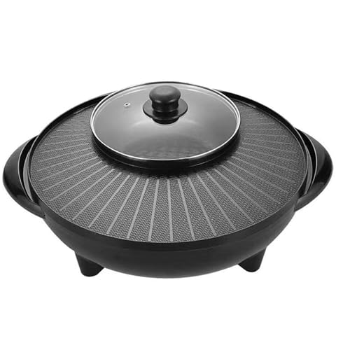 Zambuph Innovadora sartén para barbacoa diseñada para interiores con control de temperatura ajustable y tapa de vidrio transparente. Parrilla eléctrica 2 en 1 con control temperatura, 34cm