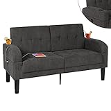 TYBOATLE Linen Upholstered Modern Love Seats Sofa with 2 USB, Fabric Loveseat Furniture w/Removable Armrests, 2 Cup Holders, Suitable for Compact Living Space, Apartment, Dorm (Dark Grey)
