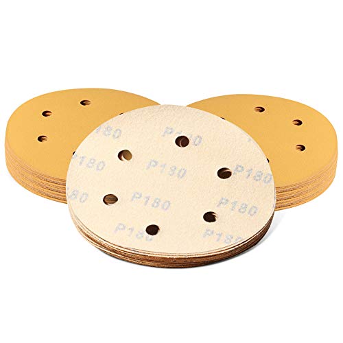 SPEEDWOX 50 Pcs Sanding Discs 6 Inches 180 Grit 6 Hole Hook and Loop Sandpaper Dustless Fit for Random Orbital Sander Assortment Yellow Finishing Discs for Automotive Woodworking