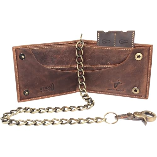 Chain Wallet for Men with Two Snaps RFID Blocking Crazy Horse Leather Bifold Wallet for Biker 18' inch Long Chain (With Chain, Rustic Brown)