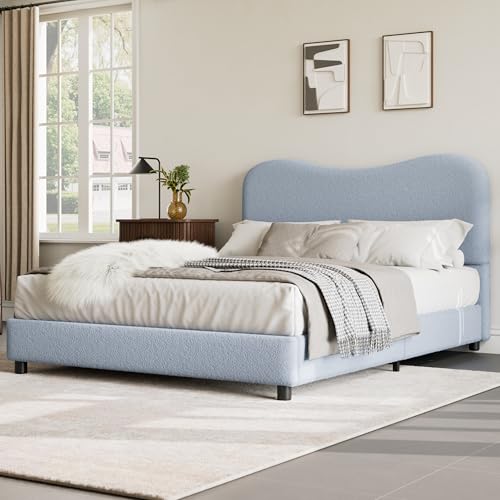 GarveeHome Full Size Bed Frame for Kids with Velvet Upholstered Headboard, Cute Low Profile Platform Bed for Girls and Boys, No Box Spring Needed, Strong Wooden Slats, Noise Free, Easy Assembly, Blue