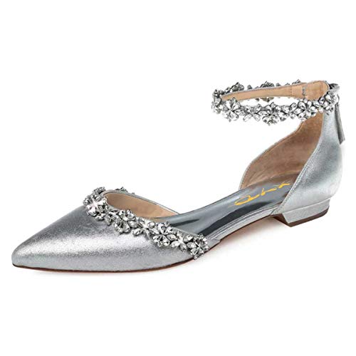 Image of XYD Women Classic Pointed Toe D'Orsay Wedding Flat Sandals Sparkly Rhinestones Ankle Strap Low Heel Dress Shoes with Zipper