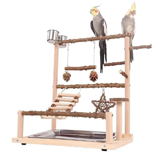 Jouets pour Perroquets et Perruches, Perchoir à Oiseaux, Accessoires pour Cage avec Un Plateau, 2 Mangeoires, Échelles et des Balançoires, Grand Aire de Jeux pour Perruche Calopsitte Conure