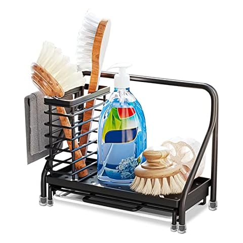 JC-Houser Kitchen Sink Caddy Organiser, Sink Tidy Caddy Organiser Sponge Brush Soap Holder with Drain Pan, Kitchen Utensil Holders Cleaning Caddy for Countertop Stainless Steel Rustproof Cover