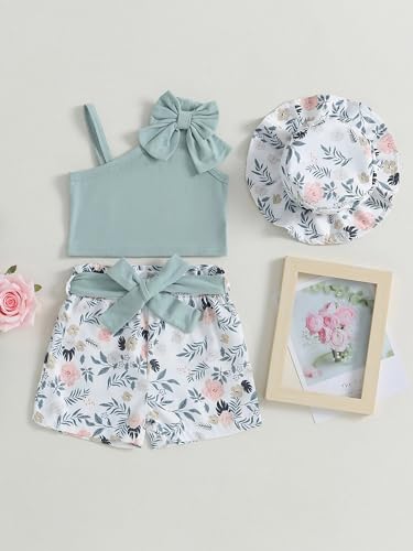 Image of Bold N Elegant Girls Cotton Sleeveless Modern Top and Floral Shorts with Belt and Hat Trendy Coords Set Baby Girl Party Dress Outfit
