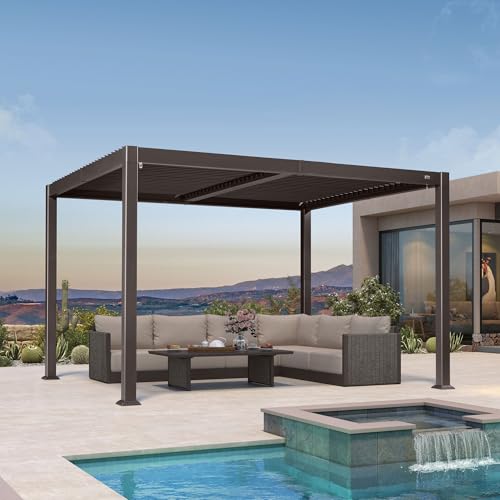 PURPLE LEAF 10' x 12' Louvered Pergola Outdoor Adjustable Louvre Shade Modern Patio Aluminum Pergola with Retractable Roof for Deck Backyard Garden Hardtop Gazebo