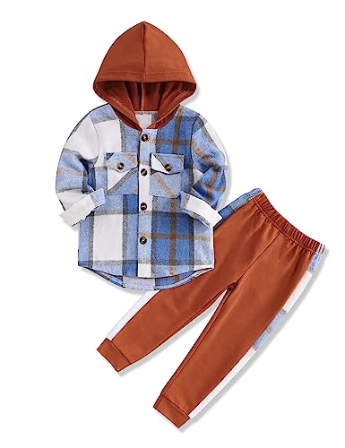 Image of Fuermos Toddler Baby Boys Clothes Flannel Lattice Button Down Hooded Tops +Pants Boys Fall Winter Outfits