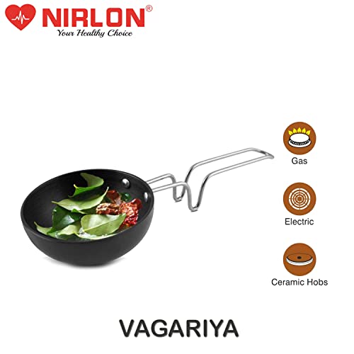 Image of NIRLON Hard Anodised Tadka Pan /Vagariya with Handle /Gas StoveTop Compatible, Size 10 CM