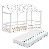  VITALISPA Kinderbett Hausbett Silvia Kinder Holz Haus Weiß Matratze Lattenrost (Mit Matratze, 90 x 200 cm)