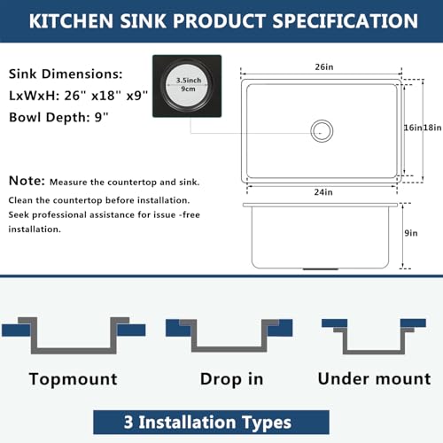 26 x 18 Inch Undermount Bar Kitchen Sink 304 Stainless Steel Deep Single Bowl Workstation Sink Modern Under Counter Handmade Round Corner Basin with Dish Grid & Drain by XGURWSSR - Used condition - Image 7