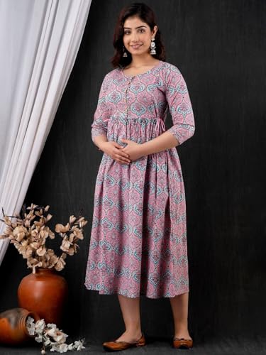 Image of Women's Floral Printed Cotton Maternity Dress Kurti with Feeding Zipper, Maternity Gown for Women, Feeding Dress, Maternity Kurti