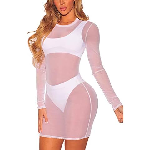 COCOLEGGINGS Women's Sheer Mesh Long Sleeve Swimsuit Cover Up Dress White L Cover