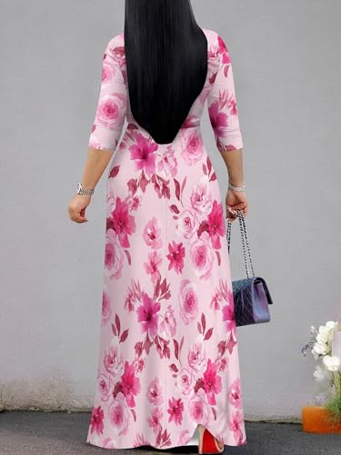 Image of Plus Size Dresses for Women Floral Print Maxi Dress Flowy 3 /4 Sleeve with Belt