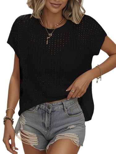 Image of Womens Summer Crochet Tops Hollow Out Cap Sleeve Cover Up Tank Top Pullover Sweater Vest Beach Vacation Clothes