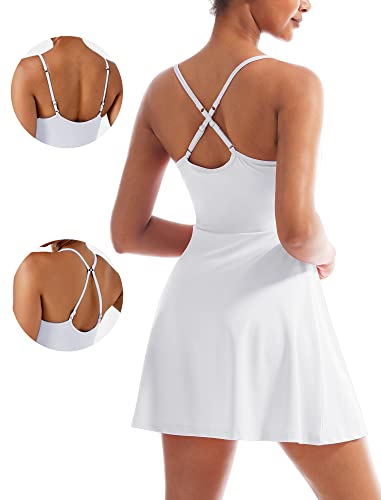 Fengbay Vestido de tenis para mujer, vestido de golf, vestido de entrenamiento con sujetadores y pantalones cortos, vestidos atléticos para mujer, Blanco, Small Cover