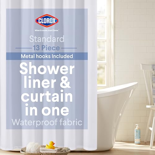Clorox 2-in-1 Bathroom Shower Curtain Liner w Metal Hooks, Durable Fabric, Weighted Magnets for Bath Water Control, Washable Premium Quality, Modern - 72' x 72' White