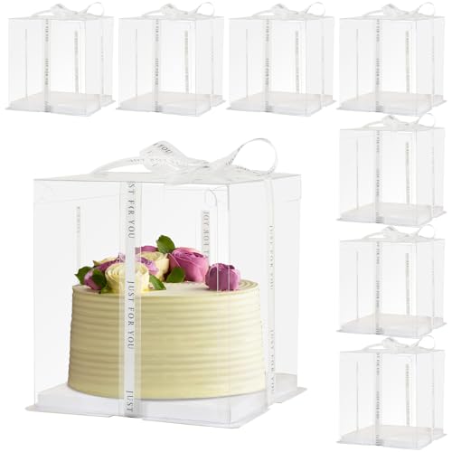12x12x10inch 8Pcs Tall Cake Boxes Clear Display Gift Boxes with Ribbon,Pre Folded Lid for 10" and 11" Inch Tall Layer Tiered Cakes and Bakery Display Birthday Wedding Party(Clear , 12*12*10inch/8Pcs) by CHENZEM - Used condition - US$38.98