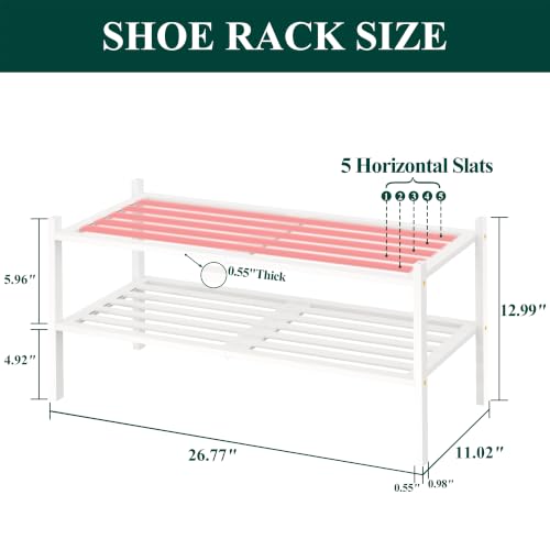 Image of Smiry Bamboo Shoe Rack, 5 Horizontal Slats, 2 Tier - 26.8 inch Wide, White