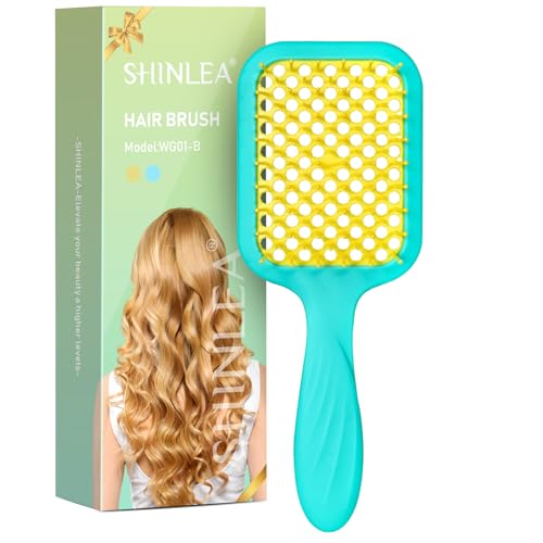 SHINLEA Cepillo para desenredar el cabello rizado con cerdas onduladas suaves, cepillo de pelo para mujer para cabello grueso, natación y playa, amarillo y azul