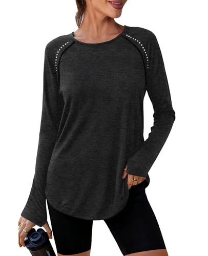 Crewhpo Tee Shirt Sport Femme Sechage Rapide T Shirt Yoga Col Rond UPF 50+ Haut de Course à Manches Longues Anti UV Top Couleur Unie pour Running Fitness...