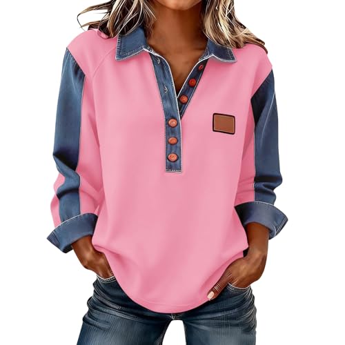 Lovraj Sudadera de manga larga para mujer, diseño de patchwork, con solapa, parte superior con botones