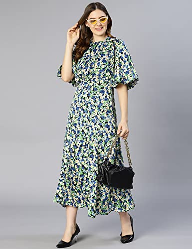 Image of oxolloxo Women Polyester Flared Puff Sleeves Floral Casual Dress