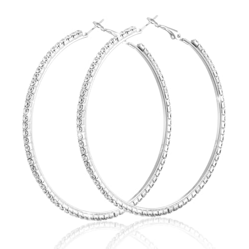 Rhinestone Hoop Earrings for Women 70 Mm Sparkly Rhinestone Hoops Stylish Silver Rhinestones Hoop Earring Large Hoops Dangle Earrings for Women Wedding Dancing Party Appointment Decor