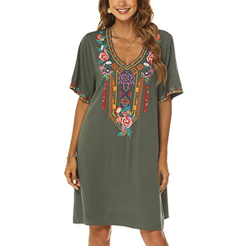 Higustar Women's Mexican Embroidered Dresses Peasant Bohemian Dress Fiesta Plus Size Boho Floral Hippie Skirts For Women Green #TOP3