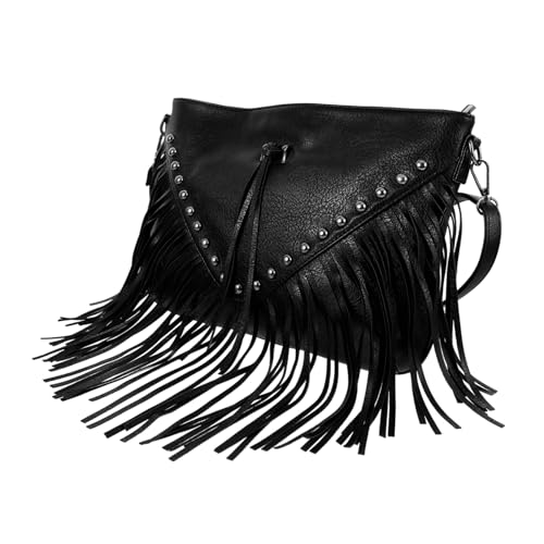 TOVINANNA Sac à Bandoulière Femme avec Franges et Rivets - Grand Sac à Main Noir en Cuir Souple, Besace Style Western Cowgirl pour Ville et Cours, Cabas Chic Bohème