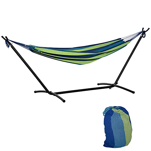 Outsunny Hamaca con Soporte 298x117 cm Hamaca de Camping con Bolsa de Transporte Portátil Altura Ajustable Carga 120 kg para Patio Terraza Raya Verde