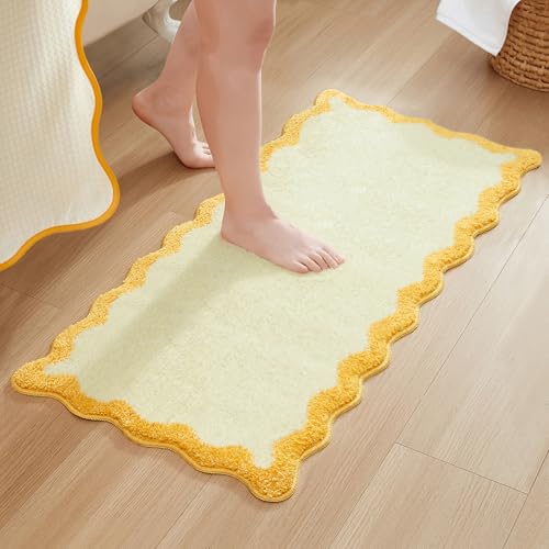 MONDAY MOOSE Bath Mat with Scalloped Wavy Ripple Design Microfiber Absorbent Non Slip Tufted Rug for Floor Shower or Kitchen (24x47 inch Yellow)