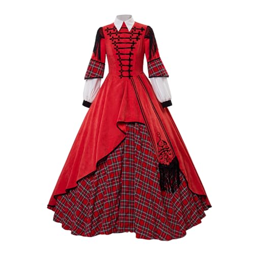 MelangCos Gone with the Wind Mrs. Kennedy Cosplay Costume Plaid Dress Civil War Tartan Dress Ball Party Gown (Red, L)