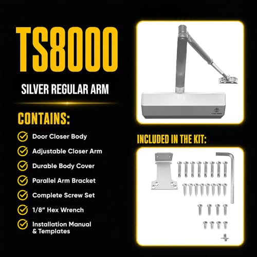 Image of TS8000 Commercial Door Closer, Regular Arm (Silver) | Heavy-duty; ANSI Grade 1, UL Certified, ADA Compliant; 44-330 lb / 30-60 in; spring 1-6; 2M-cycle tested; indoor /outdoor
