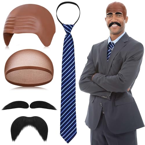 Matiniy 4 Pcs Halloween Costume Accessories Include Brown Bald Cap Stripe Tie Cap Net Mustache Eyebrows for Men Women Party Dress Up