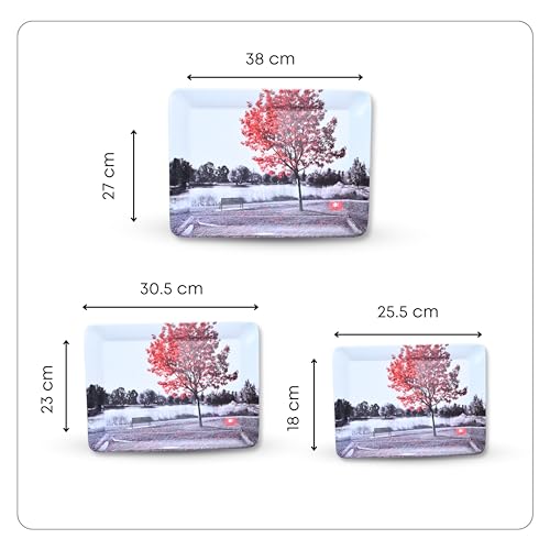 Image of Printed Rectangular Melamine Serving Tray| Tray for Serving Tea, Coffee, Snacks | Break Resistant| Double Laminated | Multi-use | Easy to Clean| | Tray Set of 3 (Small, Medium, Large)(Cherry Blossom)