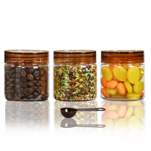Image of PEARLPET Plastic Containers for Kitchen Storage | Plastic Container Set with Spoon | BPA-Free, Stackable Jars | Brown, 200 ML (Set of 3)