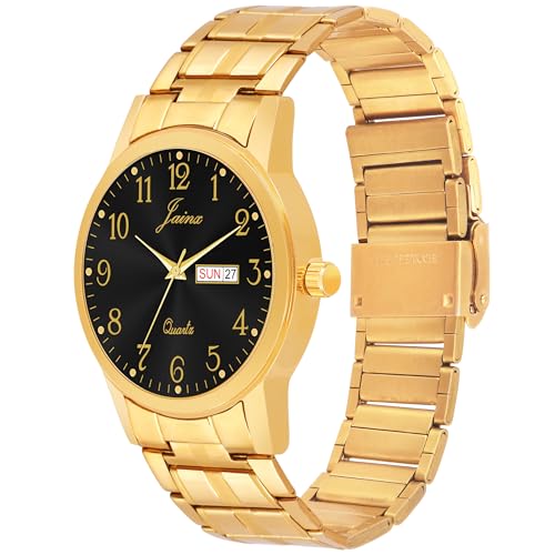 Image of jainx Metal Premium Golden Chain Day and Date Feature Analog Wrist Watch for Men (Black /Golden Color Dial)