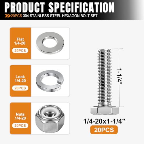 Image of mankk 20PCS 1 /4-20 x 1-1 /4 inch Hex Bolt & Nut Kit,18-8 (304) Stainless Steel
