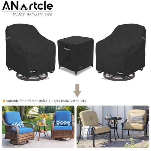 Image of ANartcle 3 Pieces Patio Bistro Sets Cover,600D Waterproof Heavy Duty Patio Furniture Covers,Includes 2 Outdoor Swivel Chair Covers and 1 Patio Wicker Side Table Cover(Black)