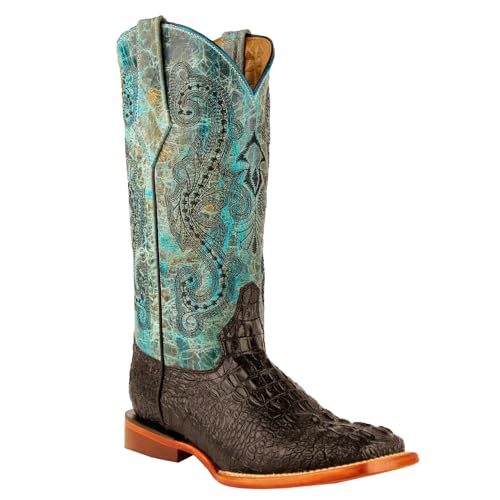 Womens Stampede Croco Print Square Toe Casual Boots Mid Calf Low Heel 1-2" - Blue, Brown, Green2