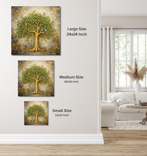 Image of Kunj Cart Kalpavriksha Tree Painting | 8+ DESIGNS | Kalpvriksh Tree Wall Painting | Lucky Tree Wall Art For Living Room, Bedroom and Office Decor | Canvas Painting for Wall Decoration (Design - E, 24x24 Inch, Framed)