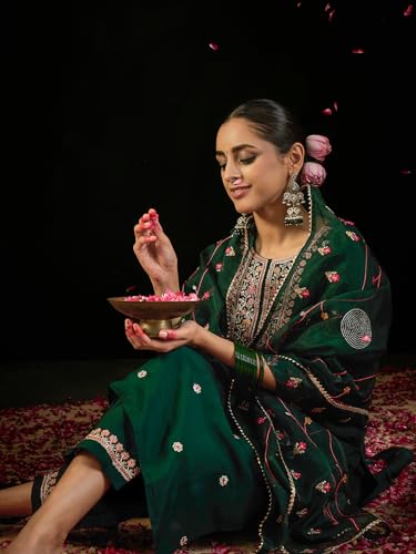 Image of INDO ERA Women's Embroidered Poly Silk Straight Kurta & Pant with Dupatta Set (SHTUR7223)