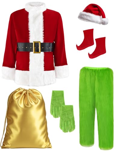 Earado Christmas Green Furry Monster Santa Costume for Men 8 PCS Deluxe Adult Santa Suit Xmas Holiday Outfit Set Include Mask 3XL